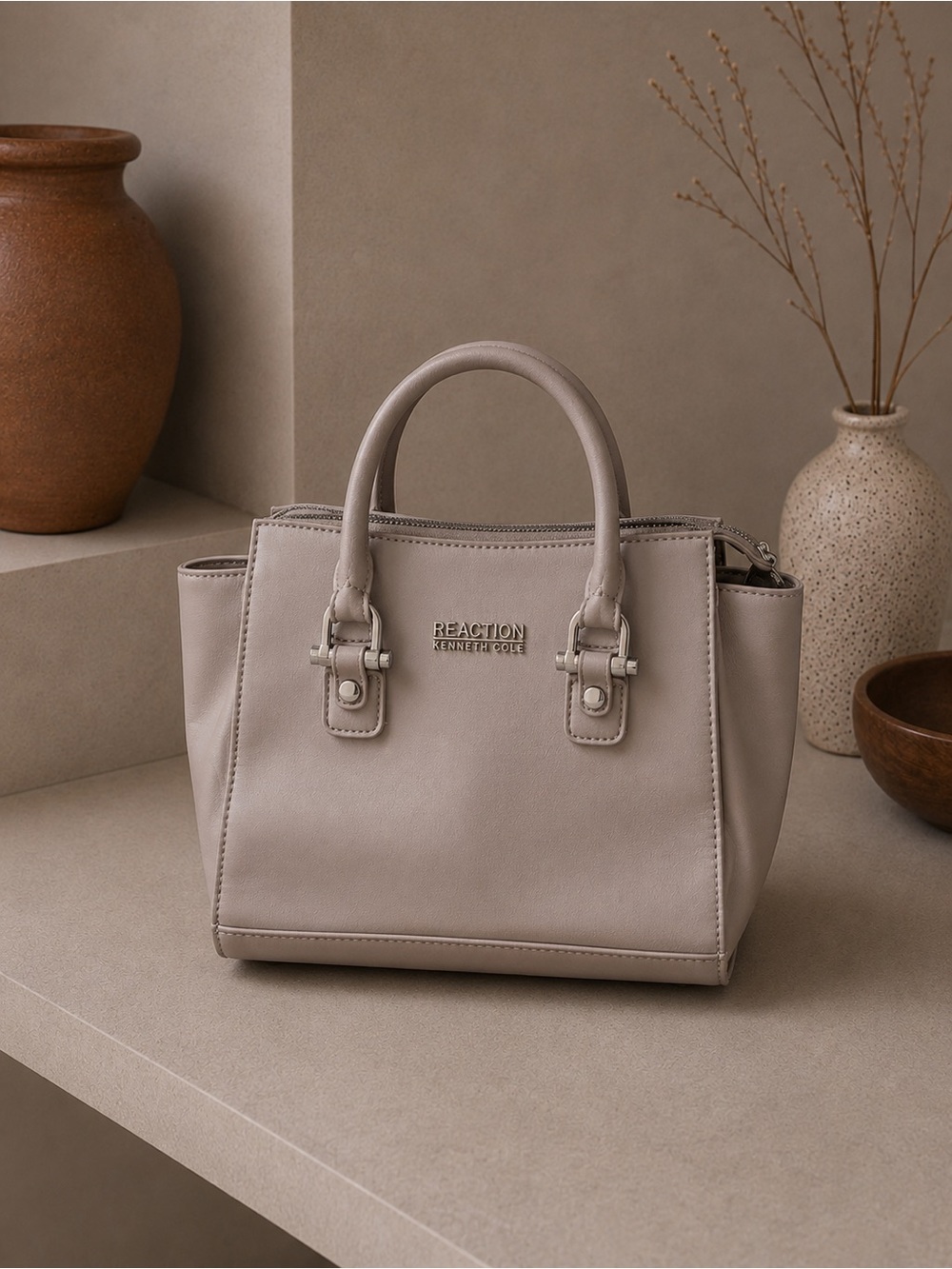 Kenneth Cole Reaction Neutral Taupe Leather Satchel